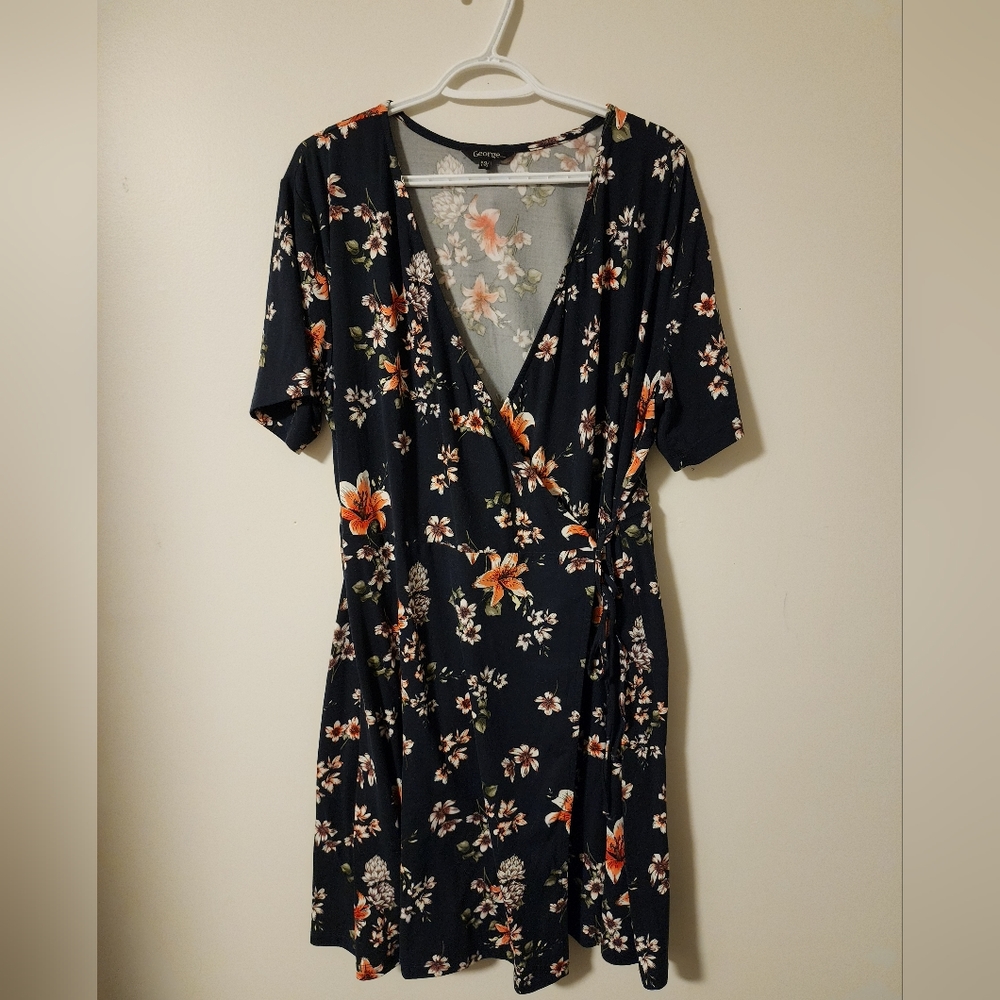 Navy Orange Floral George Wrap Dress Size XXL